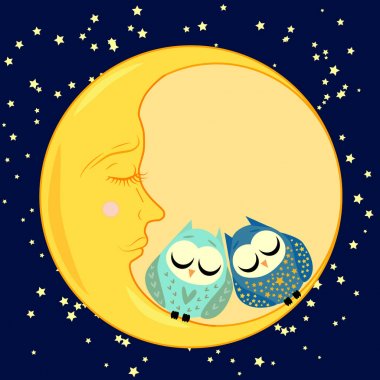 sevimli çizgi uyku baykuş Kapalı gözlerle çevrelerde uykulu Hilal yıldızlar arasında oturur