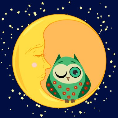 sevimli çizgi uyku baykuş Kapalı gözlerle çevrelerde uykulu Hilal yıldızlar arasında oturur