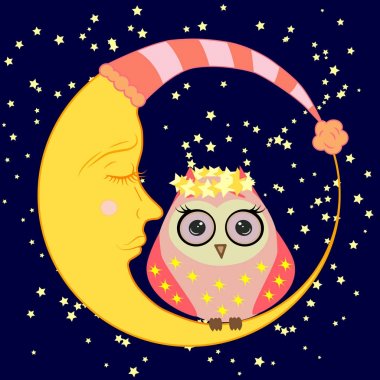 sevimli çizgi uyku baykuş Kapalı gözlerle çevrelerde uykulu Hilal yıldızlar arasında oturur