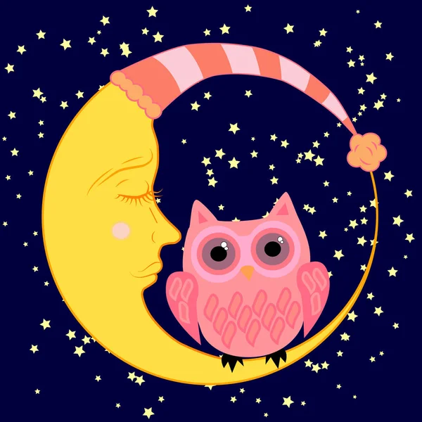 Lindo caricatura durmiendo búho en círculos con los ojos cerrados se sienta en una media luna somnolienta entre las estrellas — Vector de stock