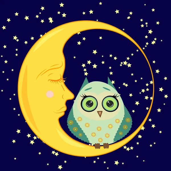 Lindo caricatura durmiendo búho en círculos con los ojos cerrados se sienta en una media luna somnolienta entre las estrellas — Vector de stock