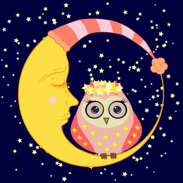 sevimli çizgi uyku baykuş Kapalı gözlerle çevrelerde uykulu Hilal yıldızlar arasında oturur