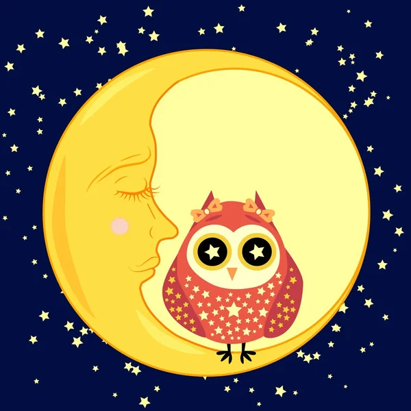 sevimli çizgi uyku baykuş Kapalı gözlerle çevrelerde uykulu Hilal yıldızlar arasında oturur