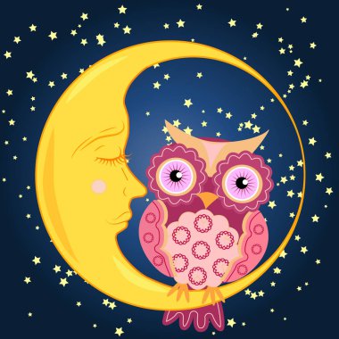 Sevimli çizgi pembe baykuş kanatları ve vücut üzerinde dairesel bir desen ile uyuyan Hilal ay yıldız ile gece gökyüzünde oturur