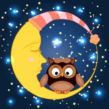 Bir yuvarlak uyuyan Hilal yıldız ile gece gökyüzünde oturan sevimli çizgi baykuş