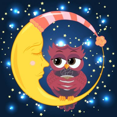 Sevimli çizgi baykuş cilveli Hilal uyuyan yıldız ile gece gökyüzünde oturup kahve ile