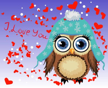 Kalpler tarafından çevrili güzel karikatür kahverengi baykuş seni seviyorum dedi. Hava, Saint Valentine, kartpostal seviyorum