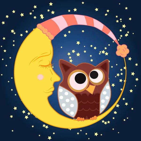 Eine süße Comic-Eule mit zur Mitte geschlossenen Augen in einer Schlafmütze sitzt auf einem schläfrigen Halbmond in einer Schlafmütze vor dem Hintergrund eines Nachthimmels mit Sternen... — Stockvektor