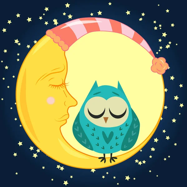 Lindo caricatura durmiendo búho en corazones con los ojos cerrados se sienta en una media luna somnolienta entre las estrellas — Vector de stock