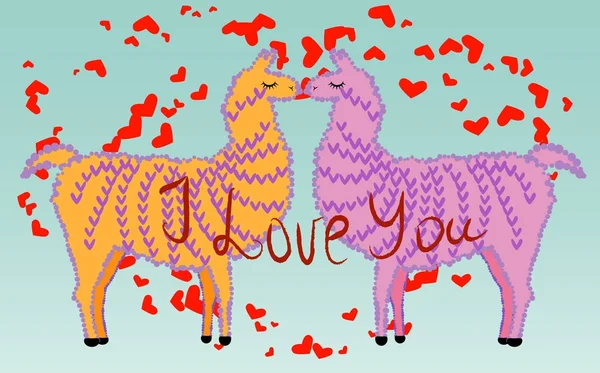İki sevgili, Kalpler tarafından çevrili llamas öpüşme. Havada aşktır. Yazıt, kartpostal, Sevgililer günü seniseviyorum — Stok Vektör