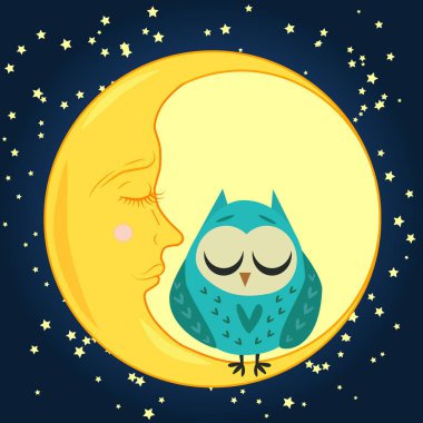 sevimli çizgi uyku baykuş kalplerine Kapalı gözlerle uykulu Hilal yıldızlar arasında oturur