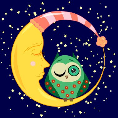 sevimli çizgi uyku baykuş Kapalı gözlerle çevrelerde uykulu Hilal yıldızlar arasında oturur