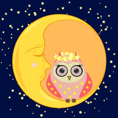 sevimli çizgi uyku baykuş Kapalı gözlerle çevrelerde uykulu Hilal yıldızlar arasında oturur