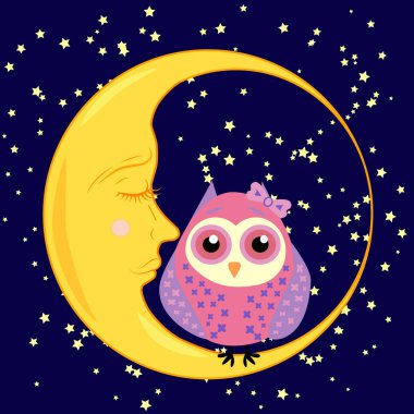 sevimli çizgi uyku baykuş Kapalı gözlerle çevrelerde uykulu Hilal yıldızlar arasında oturur