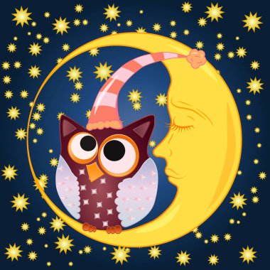 Bir tatlı karikatür baykuş uyuyan bir kap ortasında Kapalı gözlerle uykulu Hilal yıldız ile bir gece gökyüzü arka planı oturur