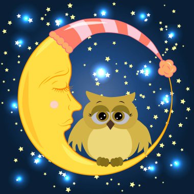 Uykulu Hilal yıldız ile gece gökyüzünün arka planı çok güzel çizgi film baykuş hüzünlü gözleri ile oturur