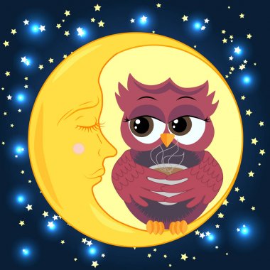 Sevimli çizgi baykuş cilveli Hilal uyuyan yıldız ile gece gökyüzünde oturup kahve ile