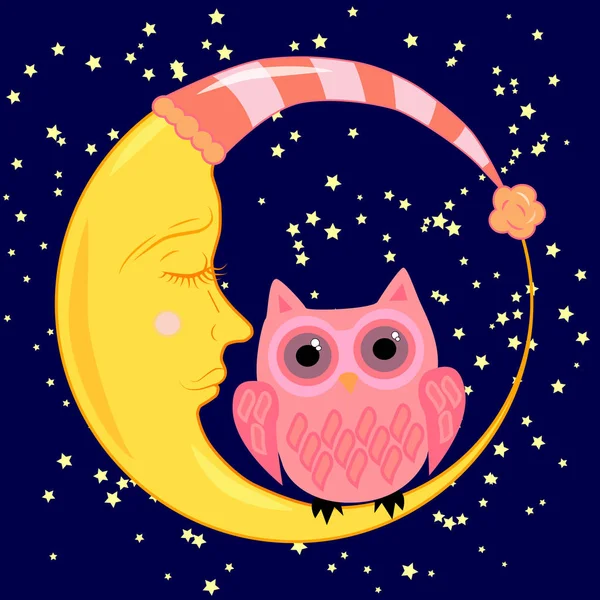 Lindo caricatura durmiendo búho en círculos con los ojos cerrados se sienta en una media luna somnolienta entre las estrellas — Vector de stock