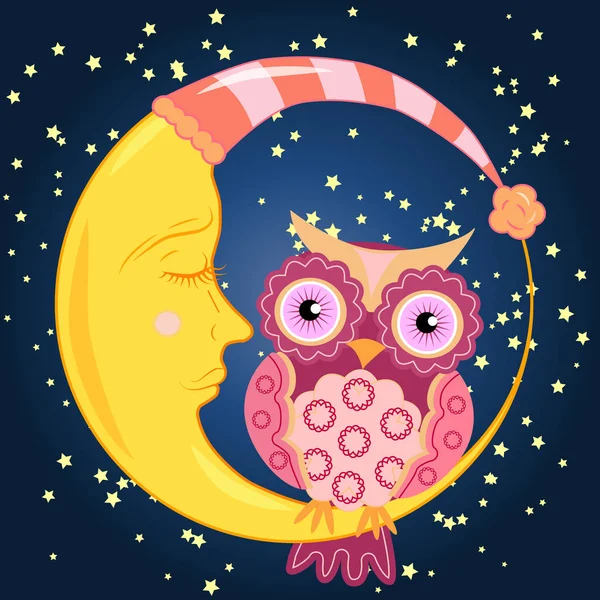 Lindo búho rosa de dibujos animados con un patrón circular en las alas y el cuerpo se sienta en la luna creciente adormecida en el cielo nocturno con estrellas — Vector de stock