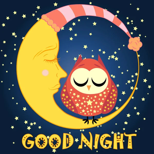Gute-Nacht-Karte mit schlafendem Mond und niedlicher Eule. Vektorillustration — Stockvektor