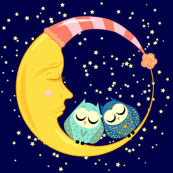 Lindo caricatura durmiendo búho en círculos con los ojos cerrados se sienta en una media luna somnolienta entre las estrellas — Vector de stock