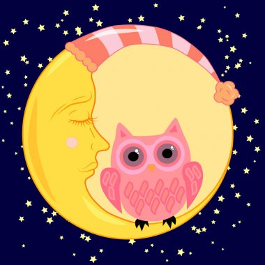 sevimli çizgi uyku baykuş Kapalı gözlerle çevrelerde uykulu Hilal yıldızlar arasında oturur