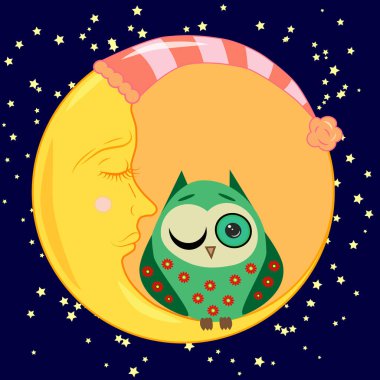 sevimli çizgi uyku baykuş Kapalı gözlerle çevrelerde uykulu Hilal yıldızlar arasında oturur