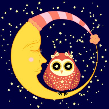 sevimli çizgi uyku baykuş Kapalı gözlerle çevrelerde uykulu Hilal yıldızlar arasında oturur