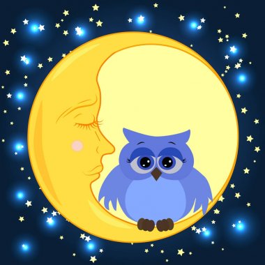 Uykulu Hilal yıldız ile gece gökyüzünün arka planı çok güzel çizgi film baykuş hüzünlü gözleri ile oturur