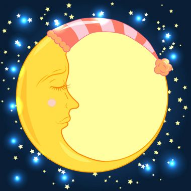 Uyuyan bir kap içinde tam ay yıldız ile mavi gece gökyüzünde kapalı bir göz ile