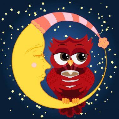 Bir fincan kahve oturma Hilal yıldız ile gece gökyüzüne karşı üzerinde uyuyan sevimli çizgi baykuş cilveli kırmızı