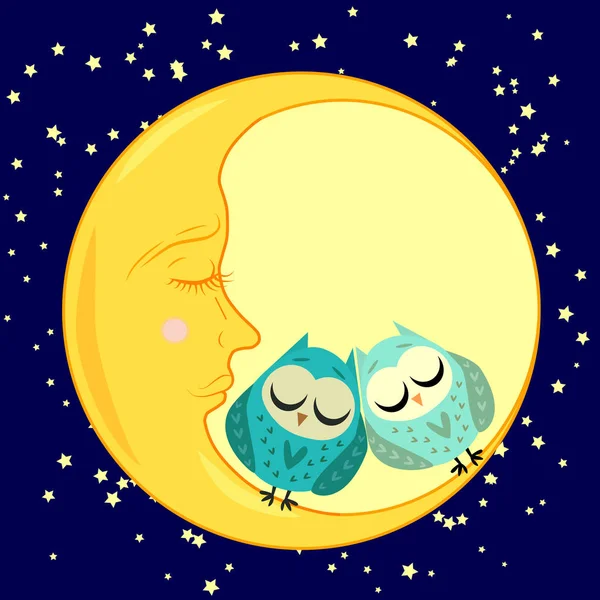 Lindo caricatura durmiendo búho en círculos con los ojos cerrados se sienta en una media luna somnolienta entre las estrellas — Archivo Imágenes Vectoriales