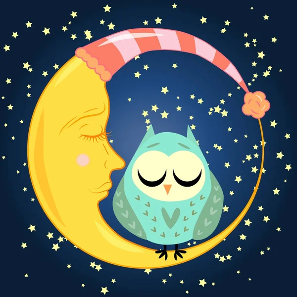 Carino cartone animato gufo addormentato nei cuori con gli occhi chiusi siede su una mezzaluna sonnolenta tra le stelle — Vettoriale Stock
