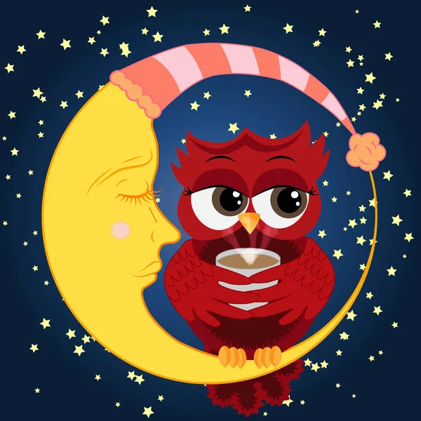 Niedlichen Cartoon Eule kokett rot mit einer Tasse Kaffee schlummernd auf der Sichel gegen den Nachthimmel mit Sternen sitzen — Stockvektor