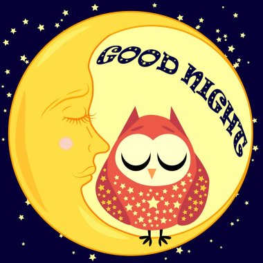 İyi geceler ay ve sevimli baykuş uyku ile kart. Vektör çizim