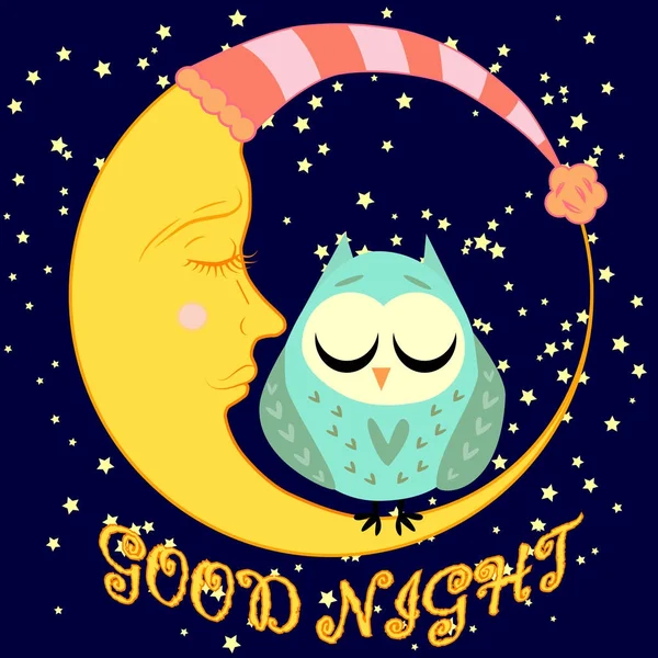 Dobrej nocy karty ze spaniem księżyc i ładny Sowa. Ilustracja wektorowa — Wektor stockowy