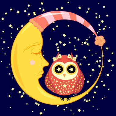 sevimli çizgi uyku baykuş Kapalı gözlerle çevrelerde uykulu Hilal yıldızlar arasında oturur