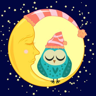 sevimli çizgi uyku baykuş Kapalı gözlerle çevrelerde uykulu Hilal yıldızlar arasında oturur