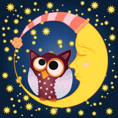 Bir tatlı karikatür baykuş uyuyan bir kap ortasında Kapalı gözlerle uykulu Hilal yıldız ile bir gece gökyüzü arka planı oturur