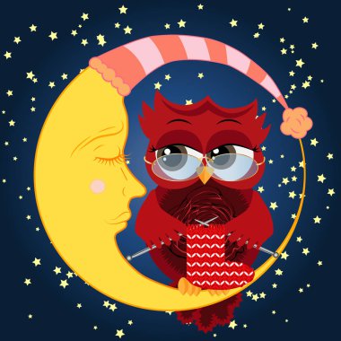 Güzel çizgi film, cilveli baykuş gözlük takan bir çorap tekerlek teli üzerinde dokuma kumaşlar ve uyuyordu Hilal yıldız ile gece gökyüzünün arka planı üzerinde oturur