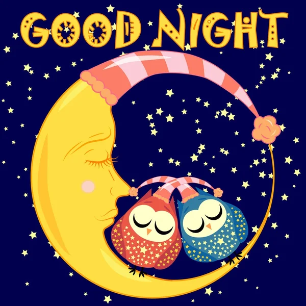 İyi geceler. Hilal şeklinde bir kartpostal, iki güzel baykuş ve kısa mesaj.. — Stok Vektör