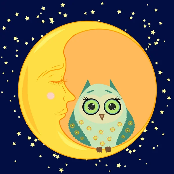 Schattige cartoon slapende uil in cirkels met gesloten ogen zit op een slaperig crescent onder de sterren — Stockvector