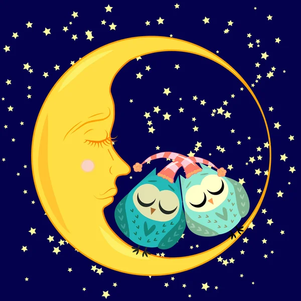 Bonito desenho animado dormindo coruja em círculos com olhos fechados senta-se em um crescente sonolento entre as estrelas —  Vetores de Stock