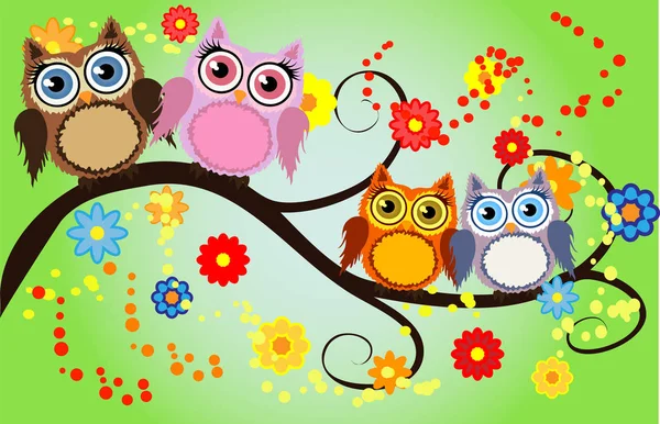 Bright cute cartoon owls sit on the flowering branches of fantastic trees — Stock Vector