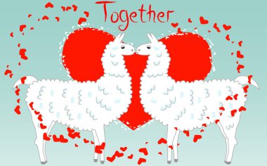 İki aşık kalpler tarafından çevrili llamas öpüşme. Havada aşktır. Yazıt birlikte daha az kalpleri, kartpostal, Sevgililer günü tarafından çevrili bir kırmızı kalp içinde