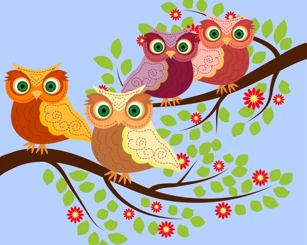 明亮可爱的卡通猫头鹰坐在奇异树木的开花枝头上 — 图库矢量图片