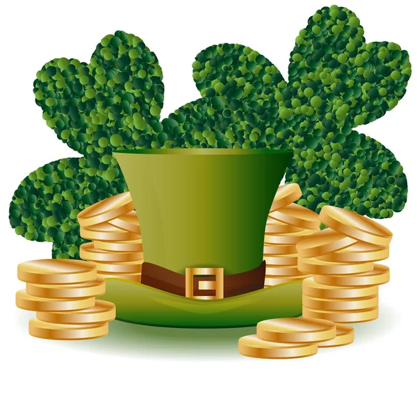 Cartão de São Patrício com dois trevos de folhas verdes consistindo de círculos, um chapéu verde e pilhas de moedas de ouro —  Vetores de Stock