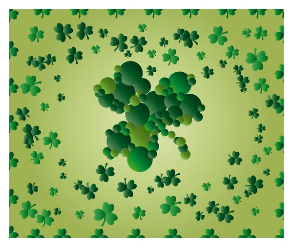 Greeting card of St. Patrick with sparkling green leaves of clover, and with green clover leaf consisting of circles — Stock Vector