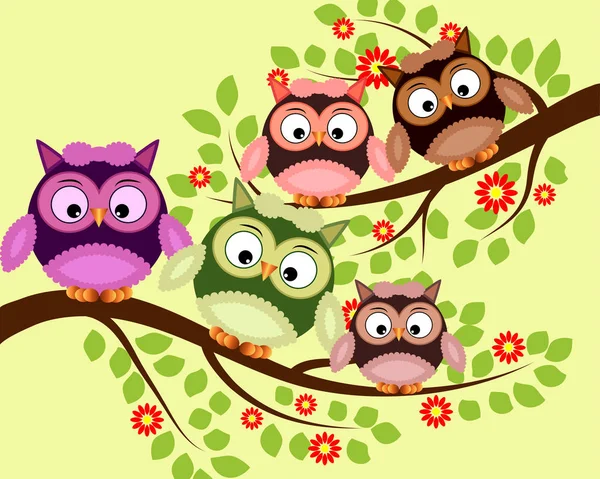 Bright cute cartoon owls sit on the flowering branches of fantastic trees — Stock Vector