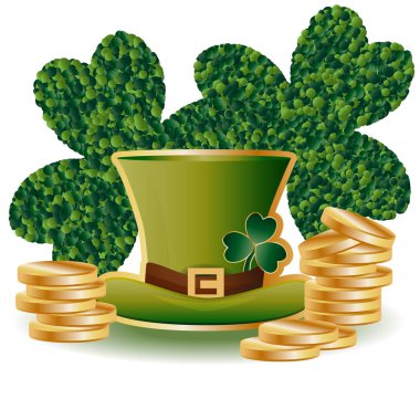 Daireler, yeşil bir şapka ve altın sikkeler yığınları oluşan iki yaprak yeşil yonca ile St Patrick's kartı